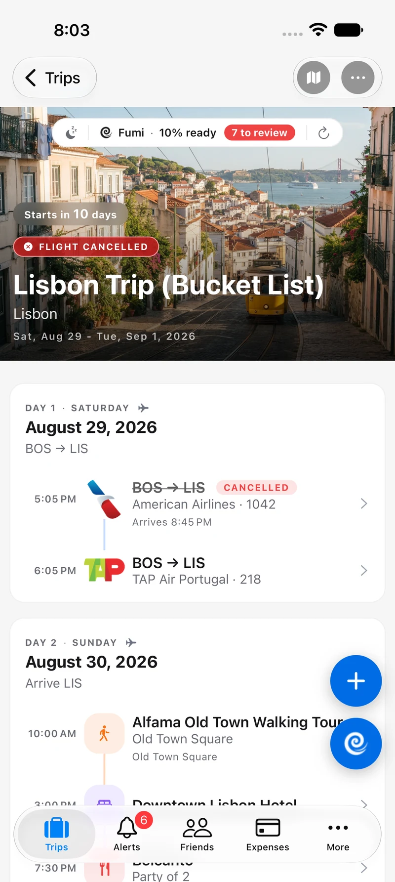 TripFumi's Lisbon itinerary with a red Flight Cancelled banner, the affected American Airlines flight, and its replacement TAP flight shown together
