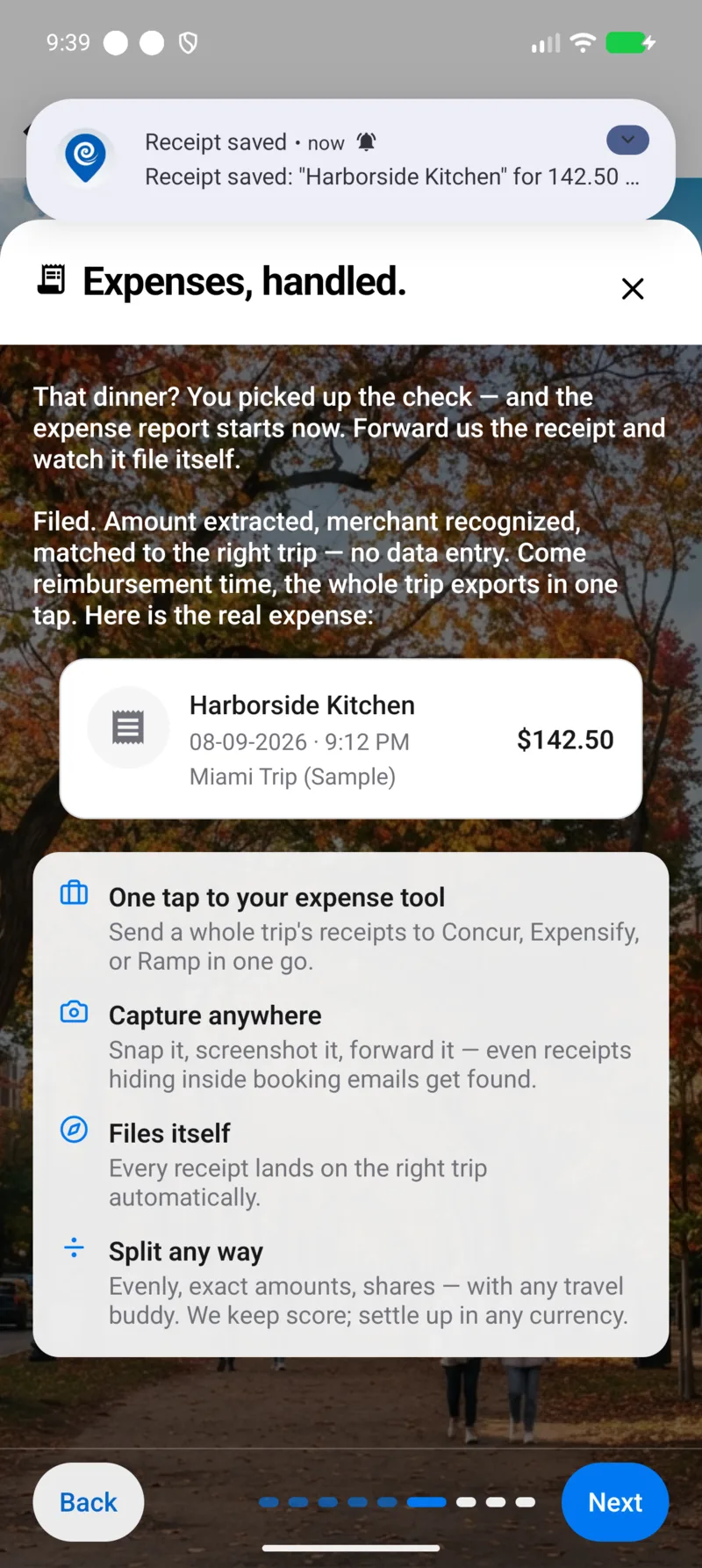 A forwarded restaurant receipt recognized by TripFumi, filed to its sample trip, and confirmed by a Receipt saved notification