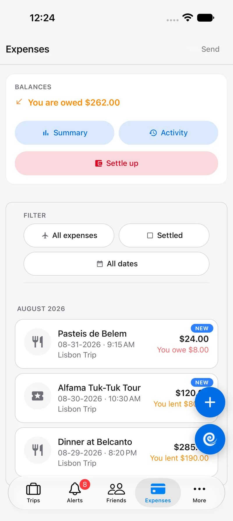 TripFumi Expenses screen showing balances, Summary and Activity shortcuts, filters, and a $285 Dinner at Belcanto expense