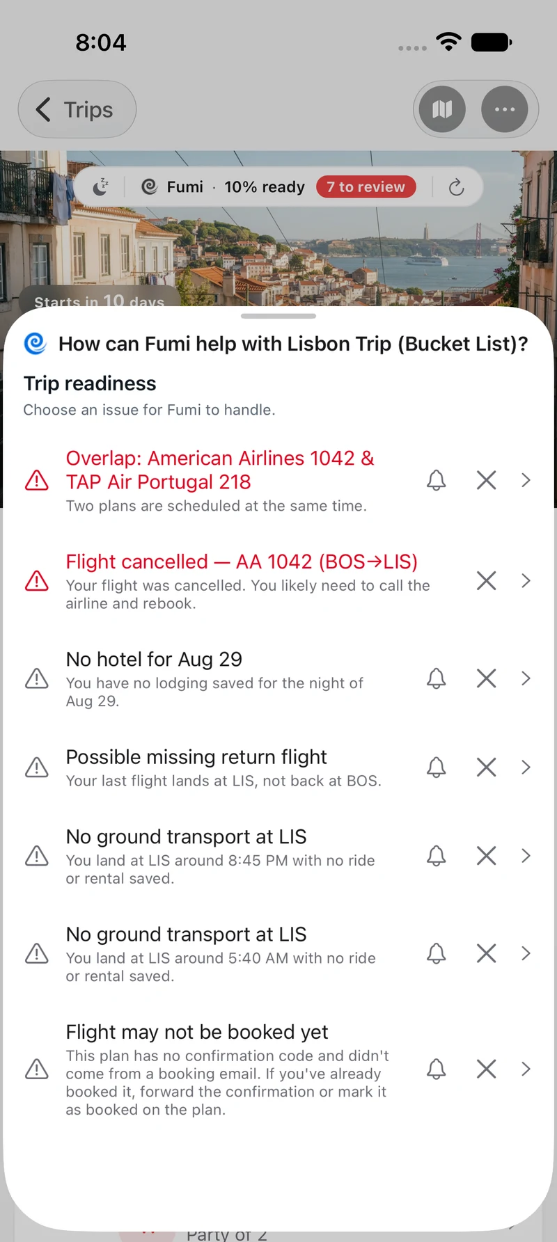 Fumi's Trip Readiness review for Lisbon, showing travel gaps to resolve before departure with explanations and one-tap actions