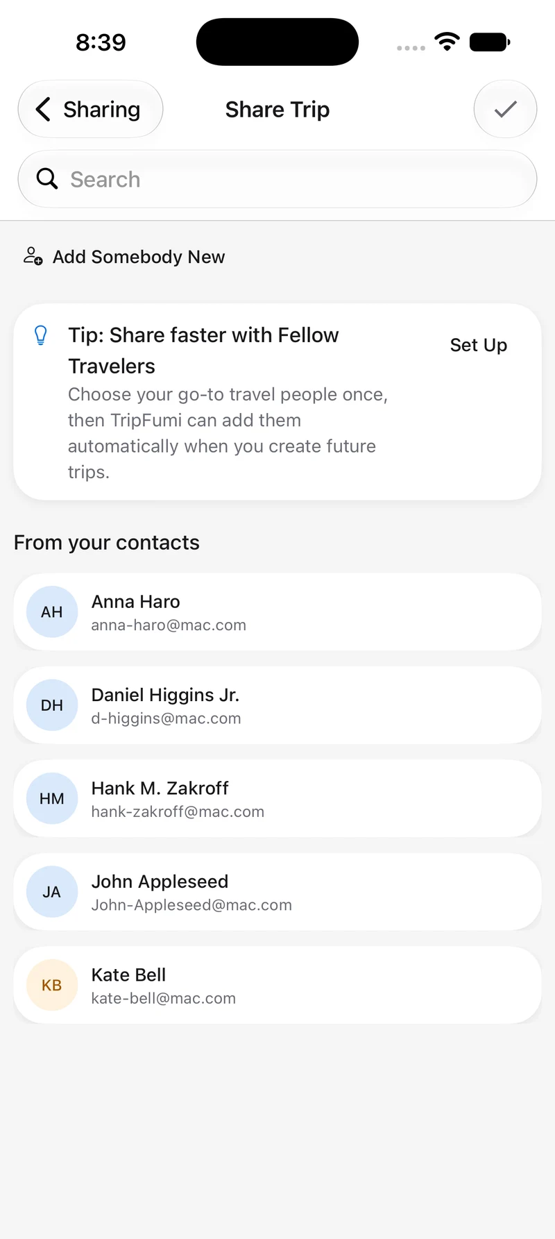 TripFumi's Share Trip screen for Lisbon with search, Fellow Travelers setup, Add Somebody New, and selectable contacts